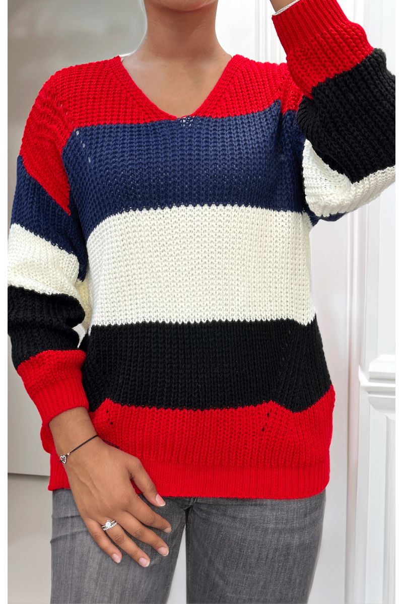 Red chunky knit v-neck sweater  - 1