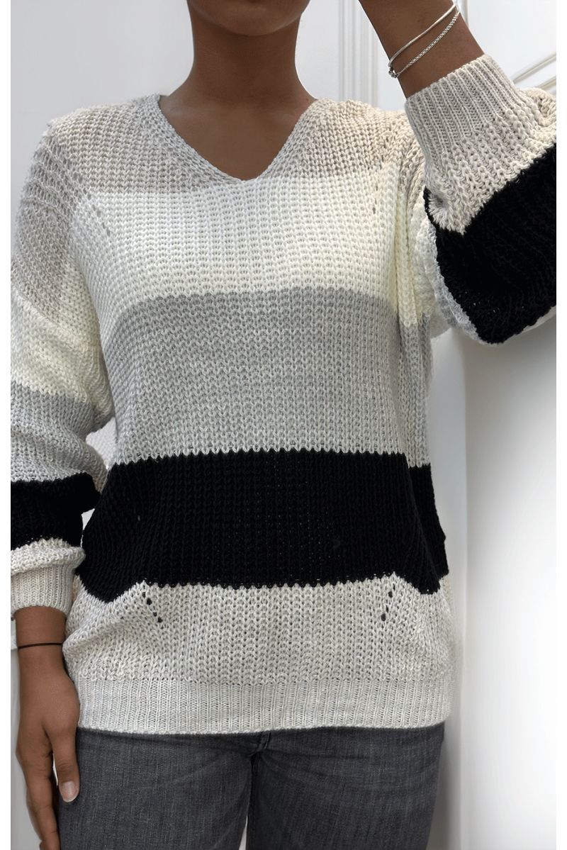 Pull beige grosse maille col v - 1
