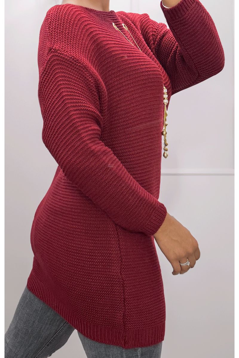 Tunique bordeaux en tricot avec accessoires - 3