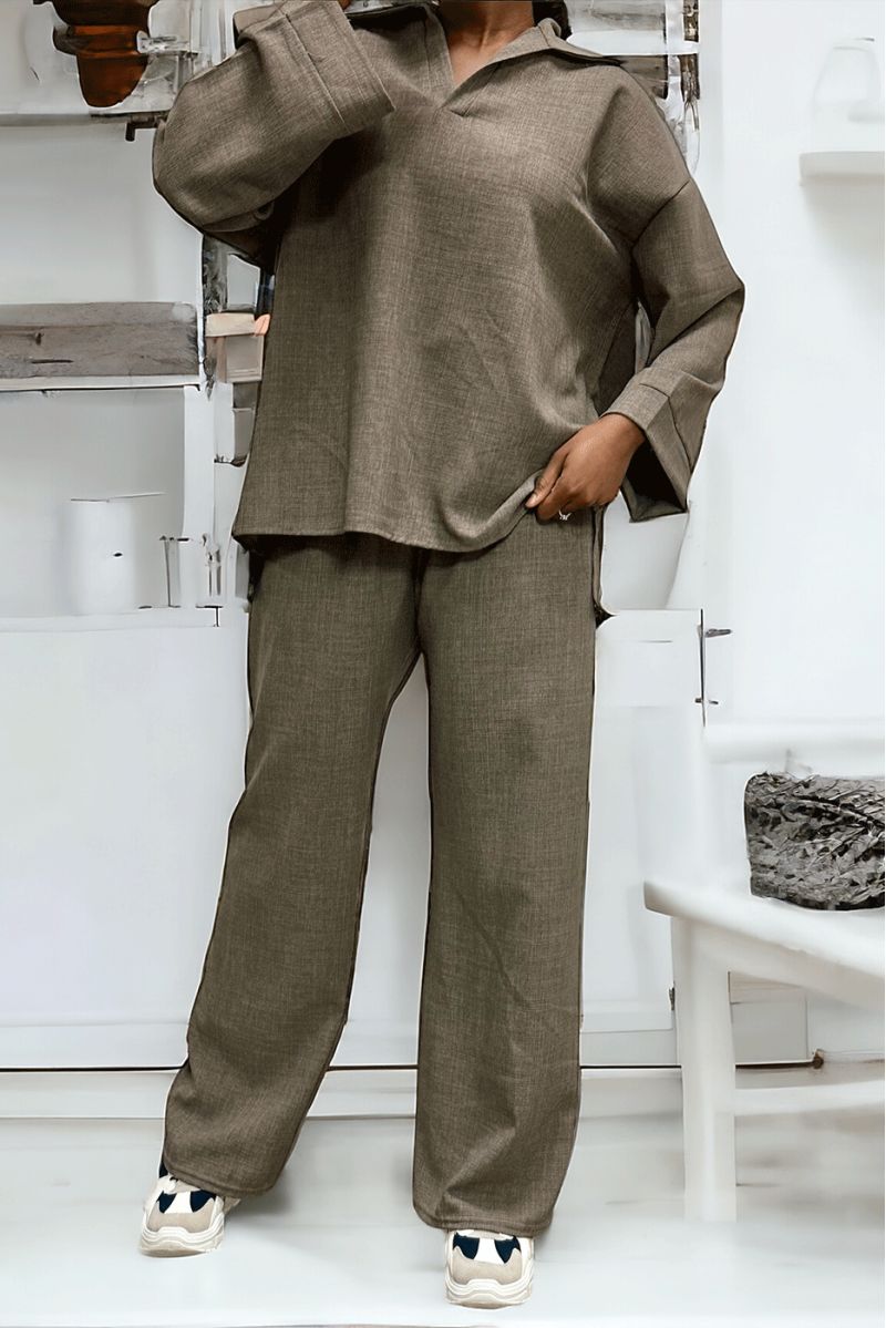 Oversized taupe tunic and palazzo pants set - 3