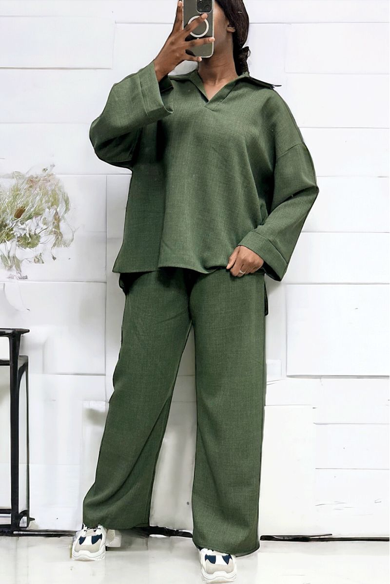 Oversized khaki tunic and palazzo pants set - 3
