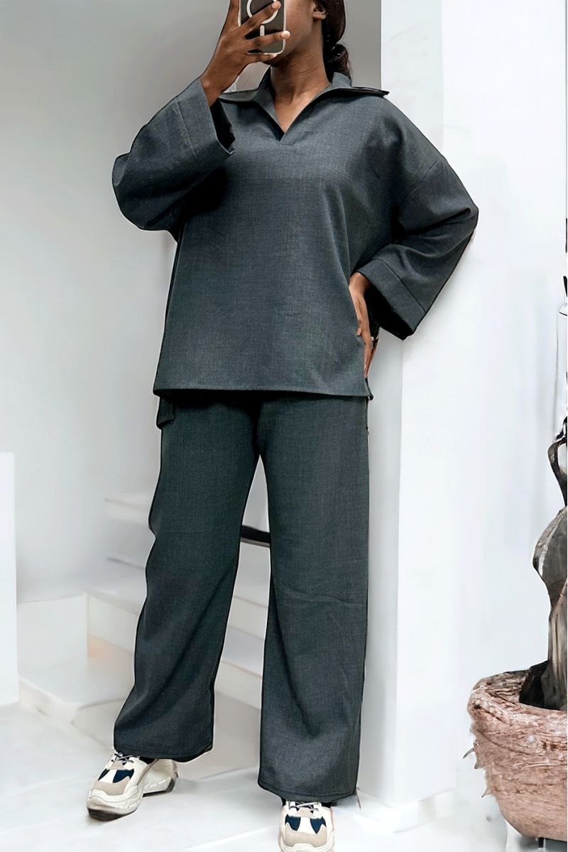 Over-size charcoal tunic and palazzo pants set - 3