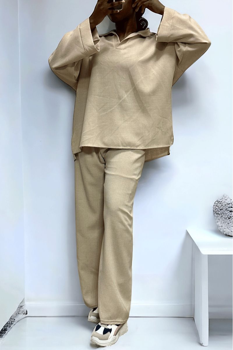 Beige over-size tunic and palazzo pants set - 2