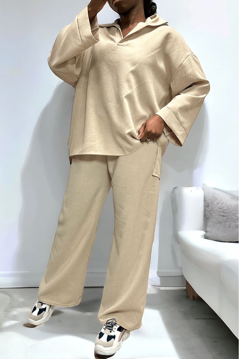 Beige over-size tunic and palazzo pants set - 3