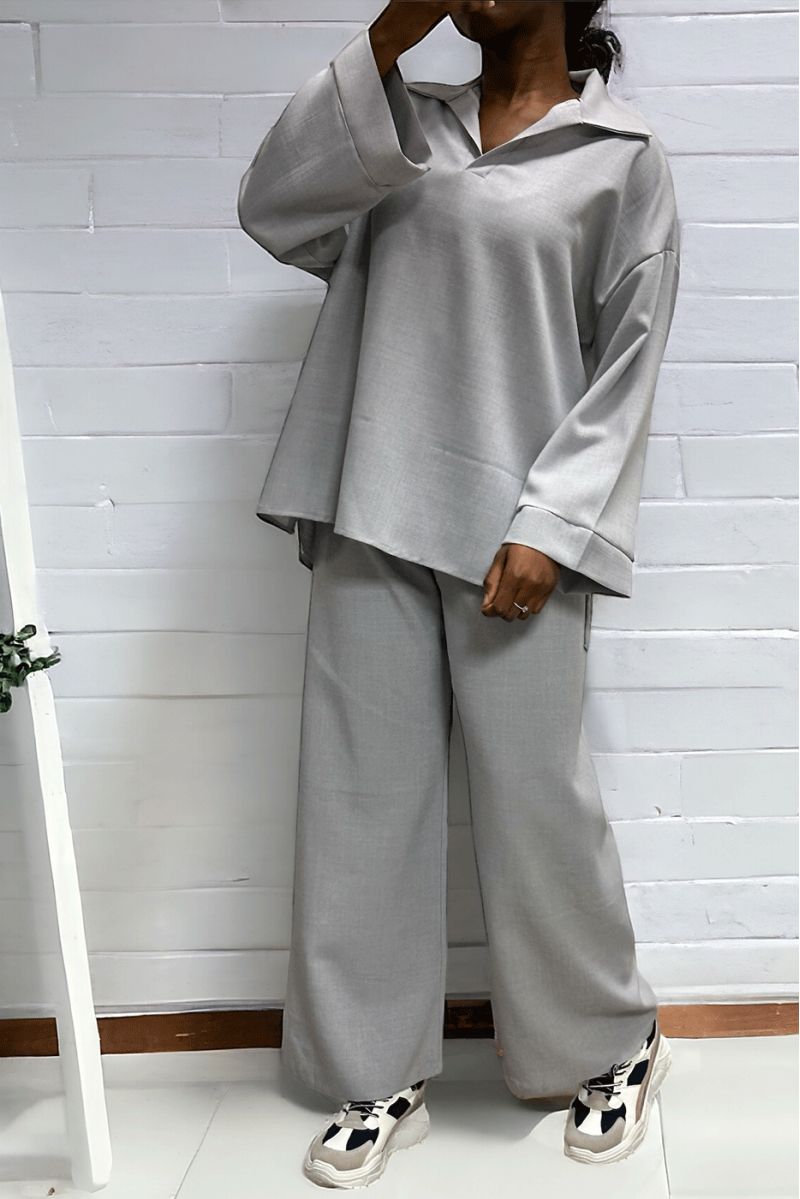 Oversized gray tunic and palazzo pants set - 1