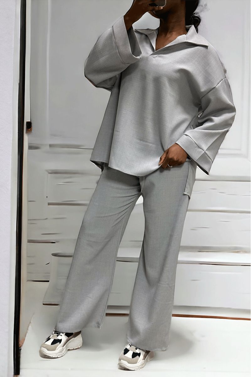 Oversized gray tunic and palazzo pants set - 2