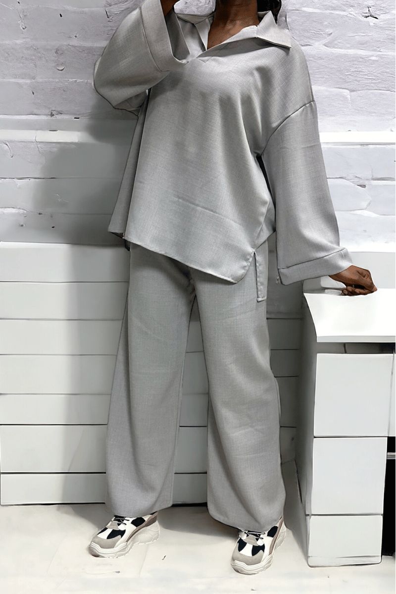 Oversized gray tunic and palazzo pants set - 3