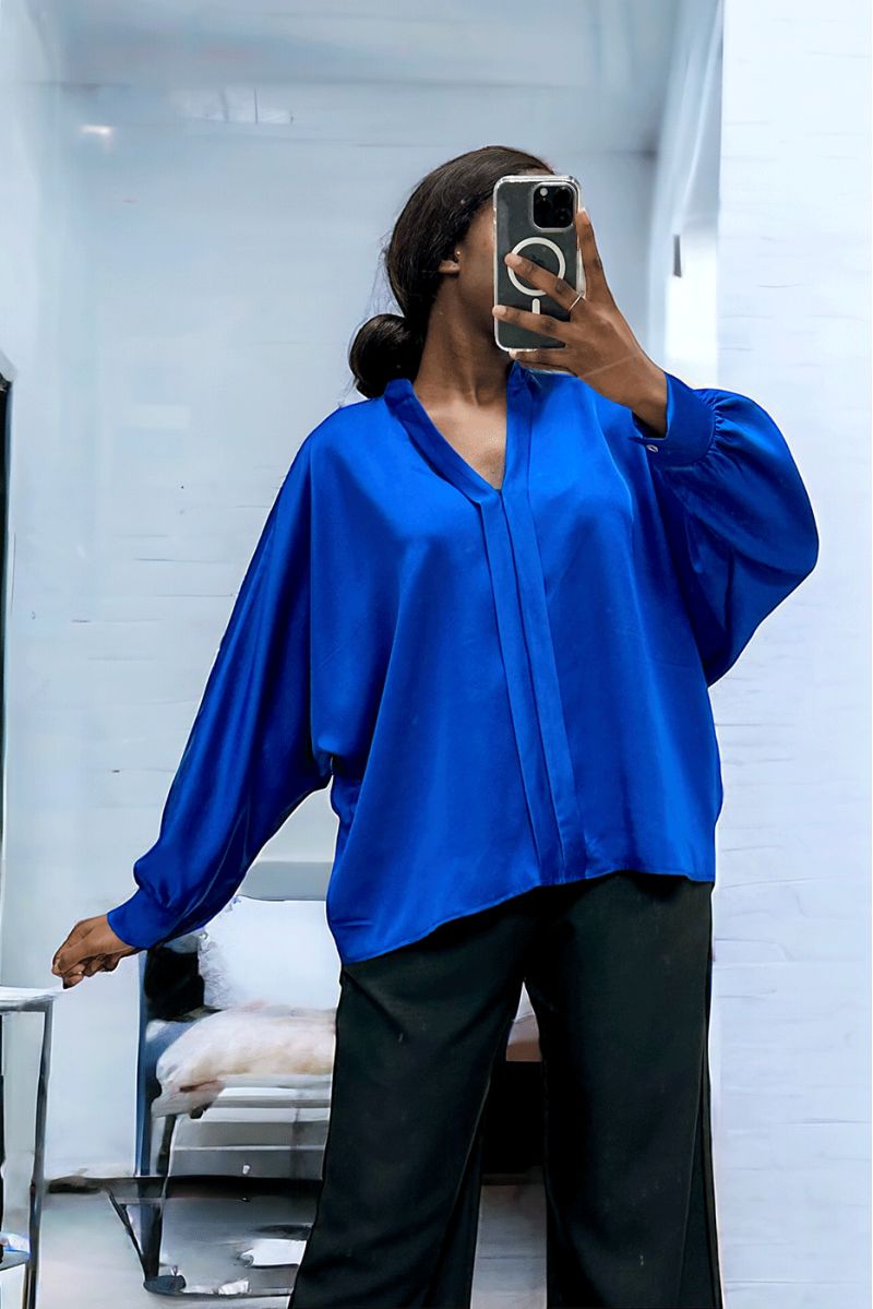 Royal satin blouse over size cut with pleats at the front - 3