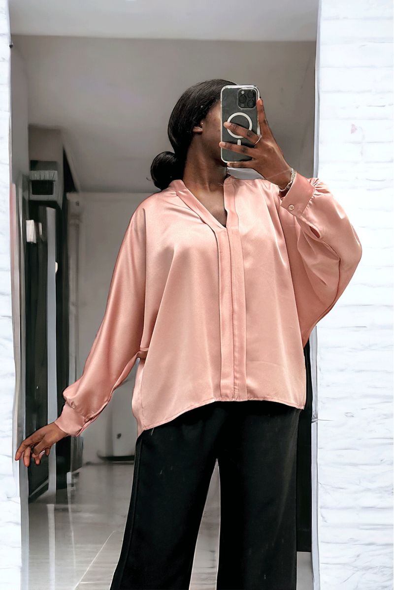 Pink satin blouse over size cut with pleats at the front - 1