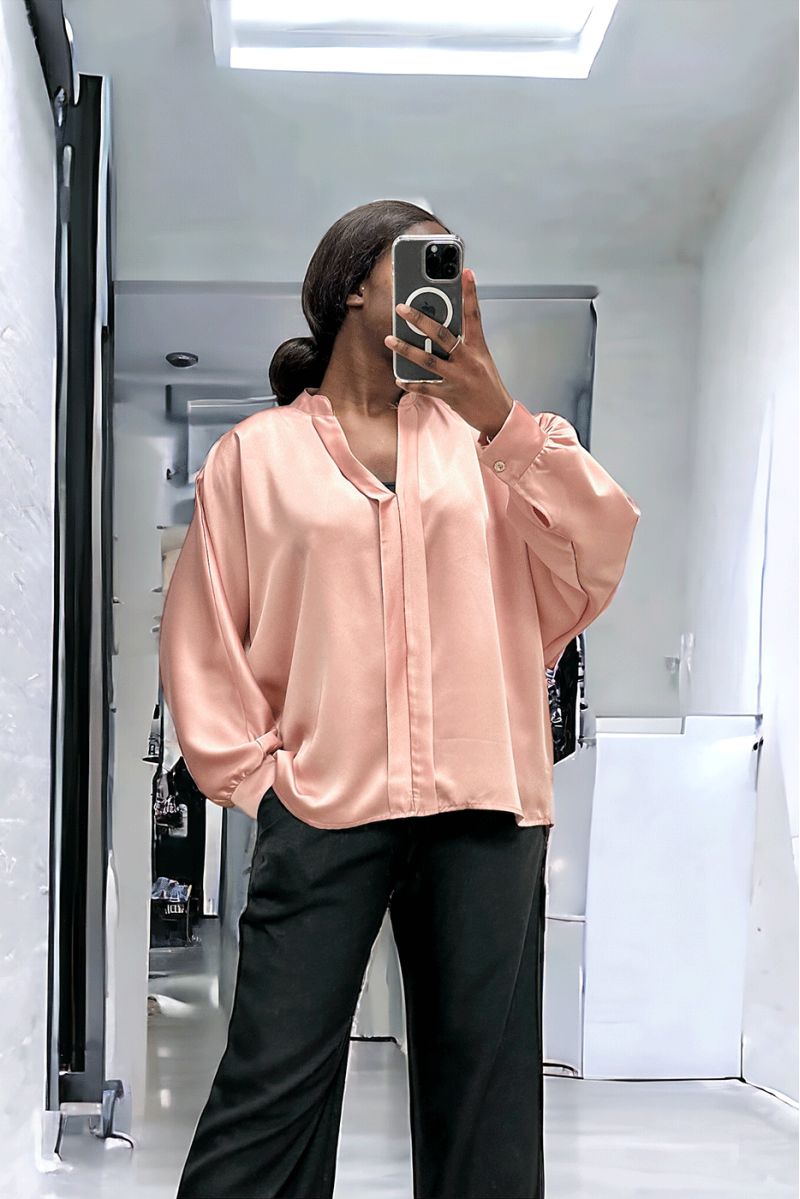 Pink satin blouse over size cut with pleats at the front - 2