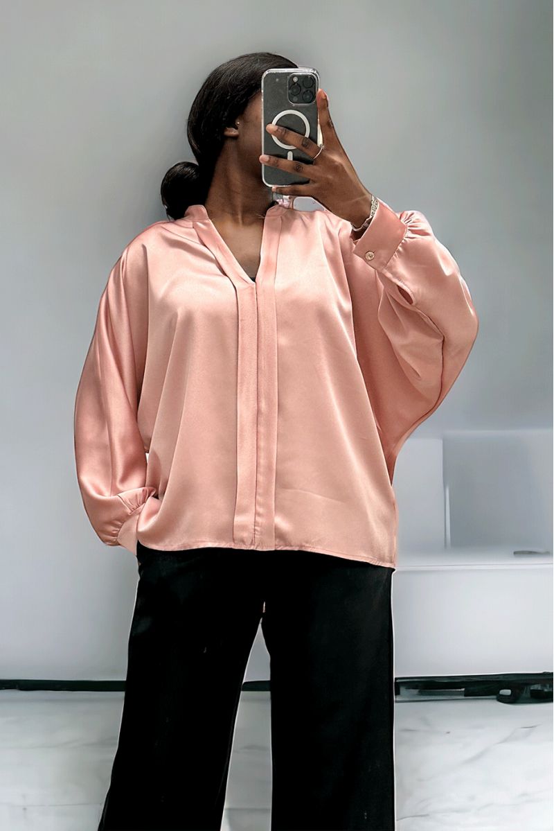 Roze satijnen blouse oversize snit met plooien aan de voorkant - 3