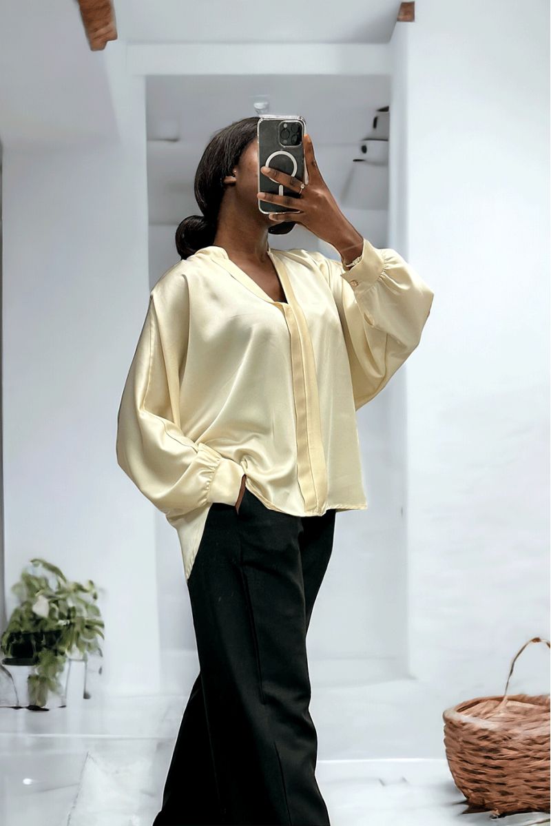 Ecru satin blouse over size cut with pleats at the front - 1