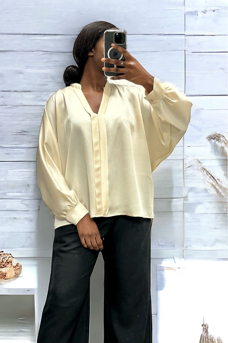 Ecru satin blouse over size cut with pleats at the front - 3