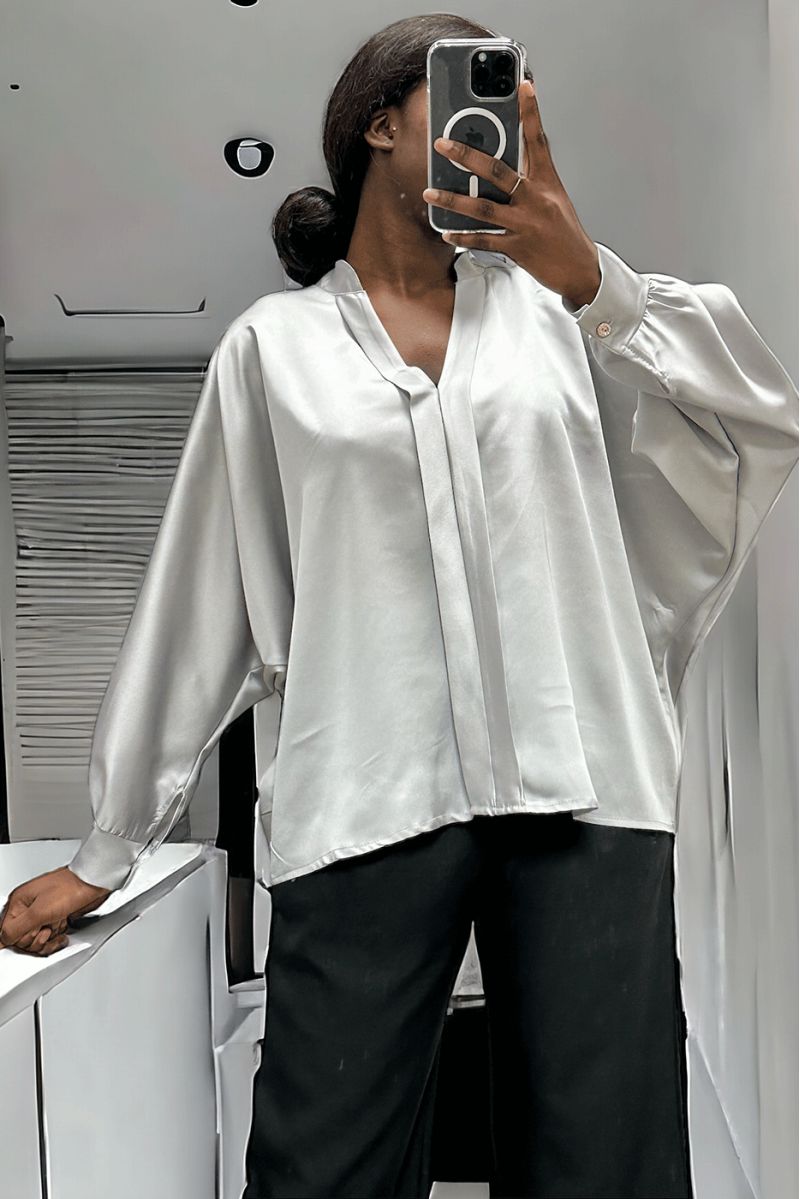 Gray satin blouse over size cut with pleats at the front - 2