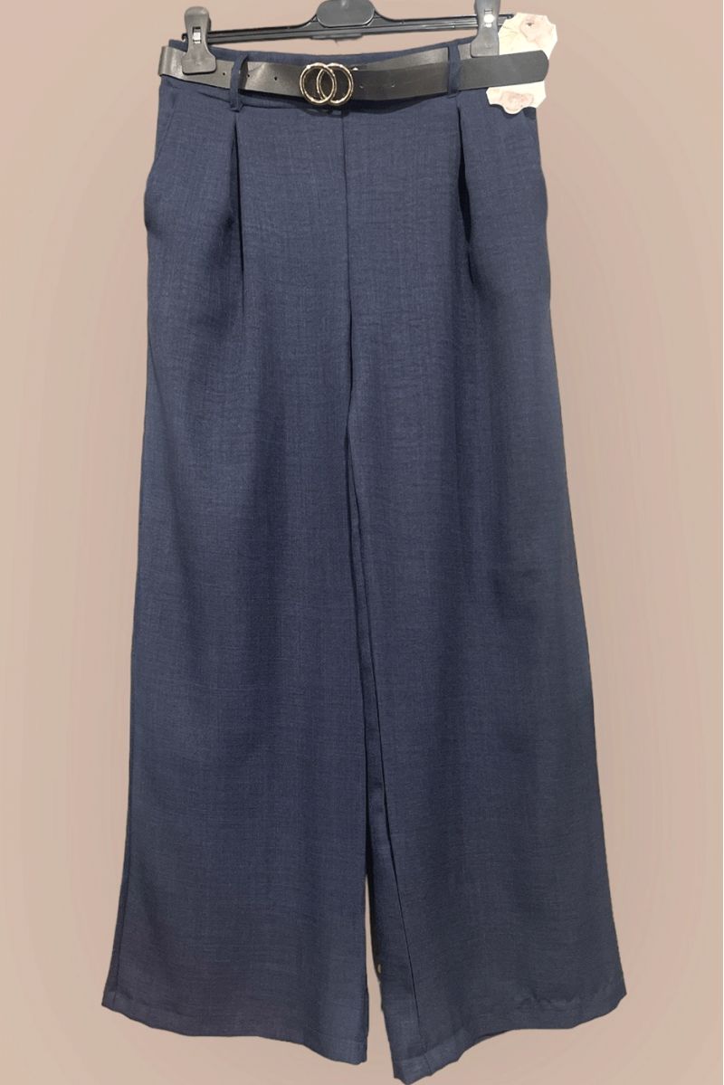 Navy palazzo pants with pockets and belt - 1