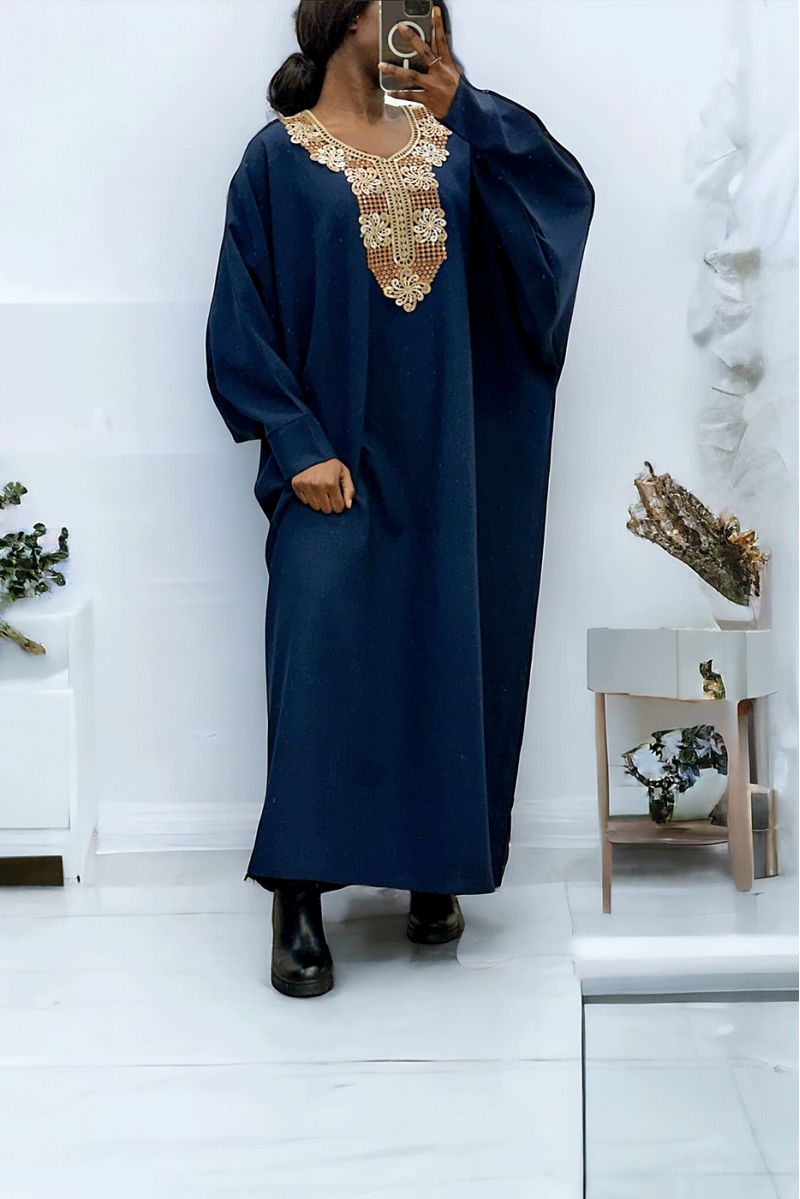 Marineblauwe abaya met mooie losse snit en borduursel aan de voorkant - 2
