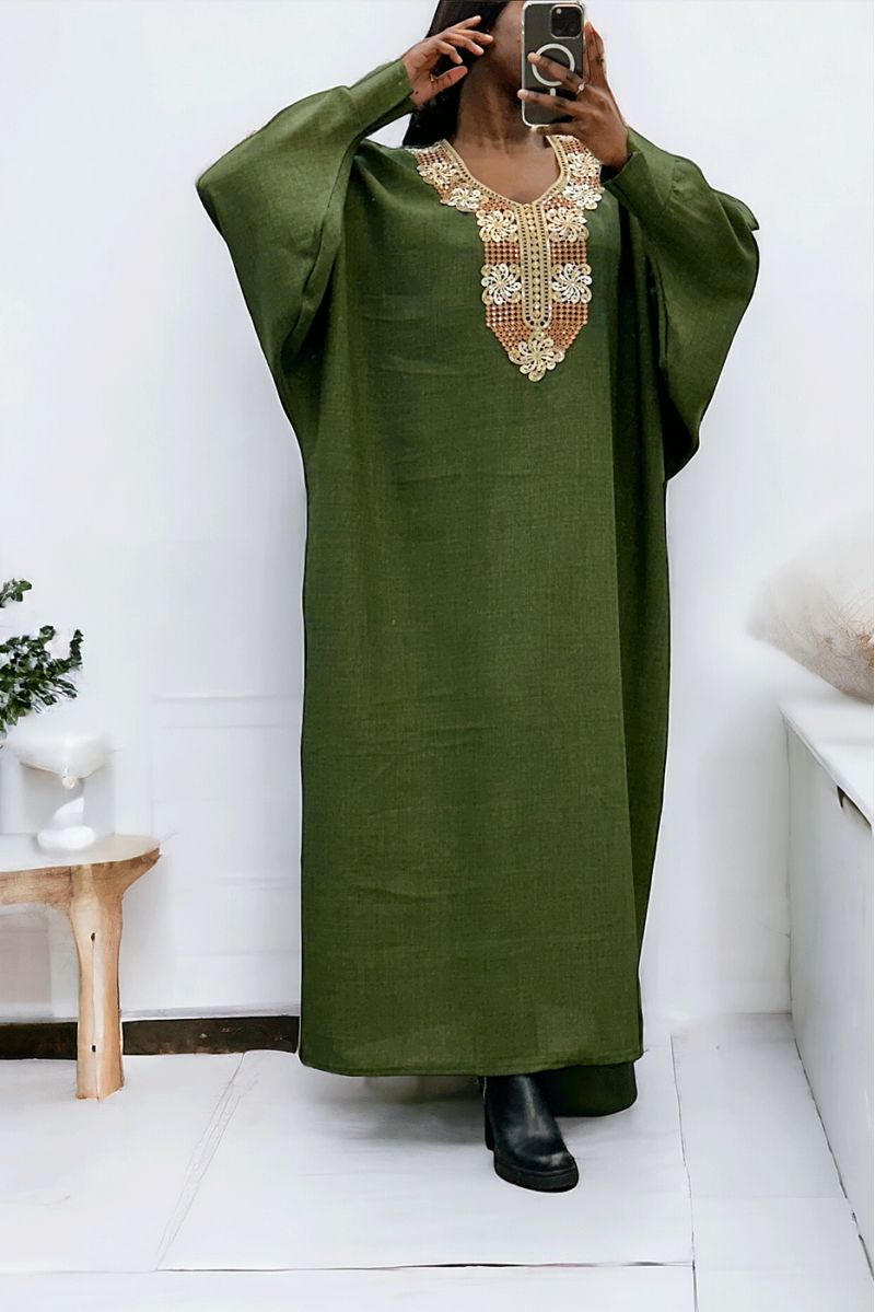 Kaki abaya met een mooie losse snit en borduursel aan de voorkant - 1