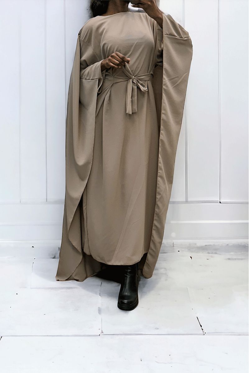 Abaya 2 in 1 taupe with integrated cape and belt to adjust the size - 2