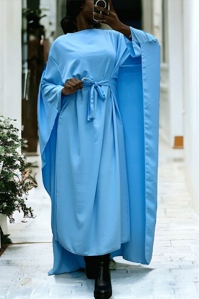 Abaya 2 en 1 turquoise avec cape intégré et ceinture pour ajusté la taille  - 2