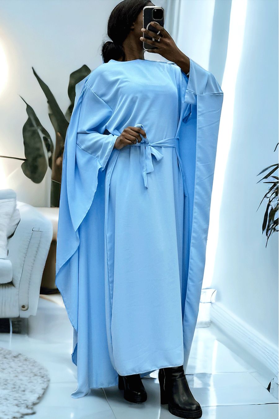 Abaya 2 in 1 turquoise with integrated cape and belt to adjust the size