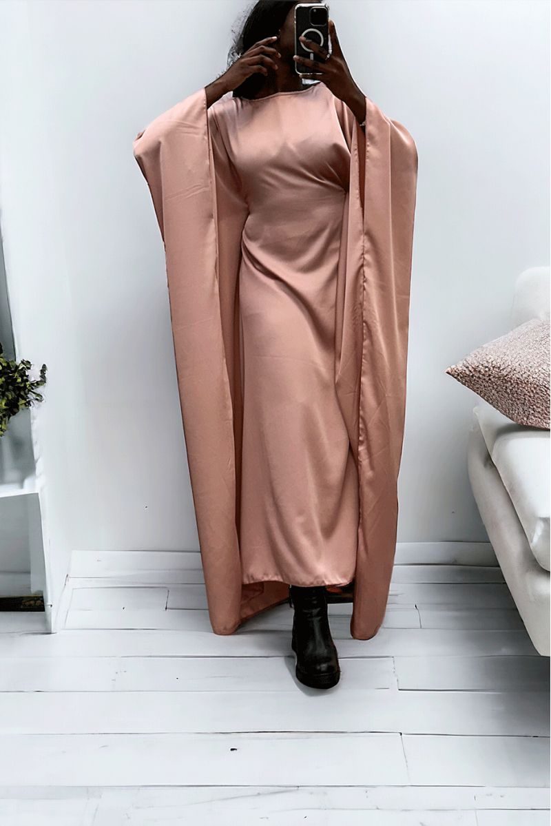 Over-size pink satin abaya (36-52) with interior elastic for a fitted effect - 1