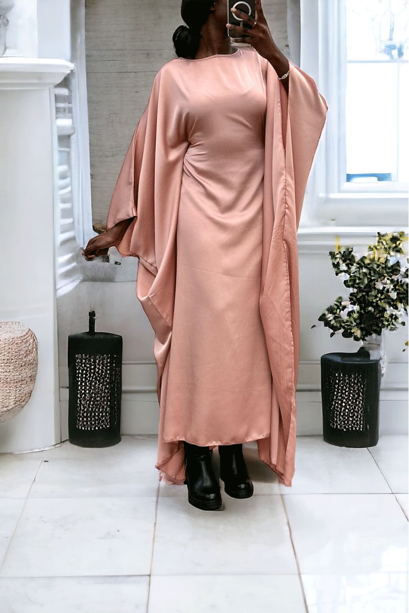 Oversized roze satijnen abaya (36-52) met elastiek aan de binnenkant voor een getailleerd effect - 2