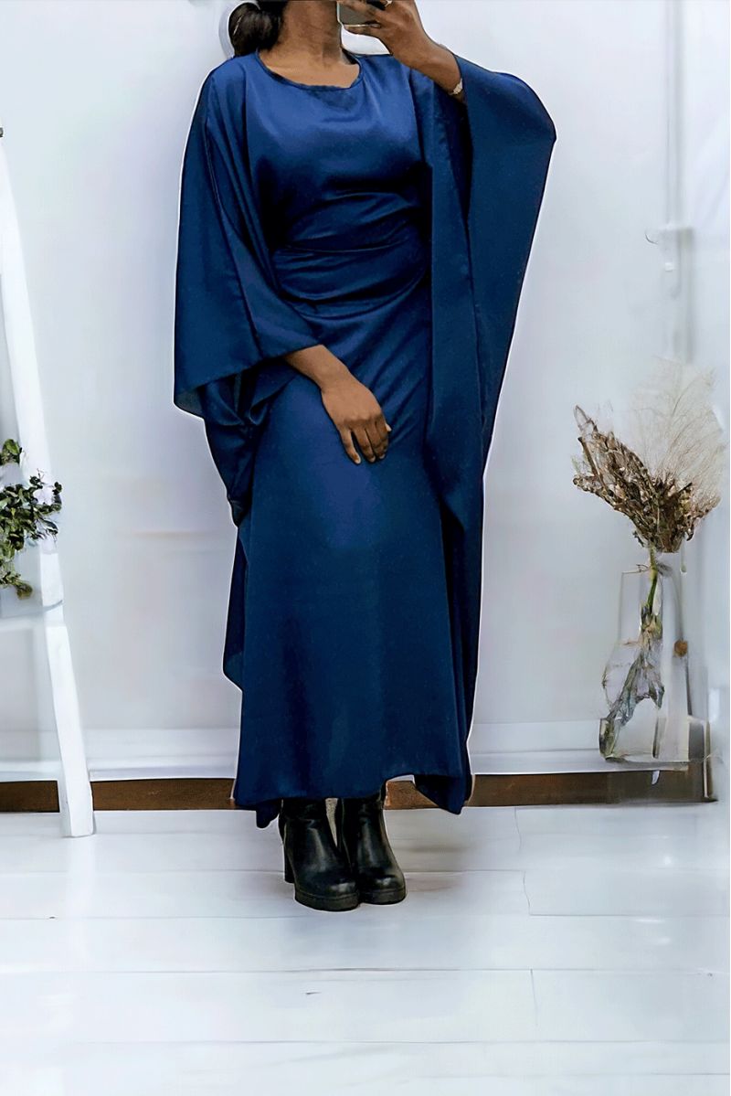 Over-size navy satin abaya (36-52) with interior elastic for a fitted effect - 1