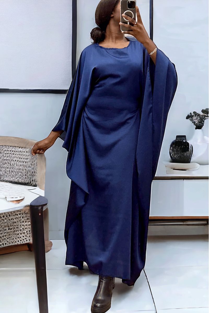 Oversized marineblauwe satijnen abaya (36-52) met elastiek aan de binnenkant voor een getailleerd effect - 2