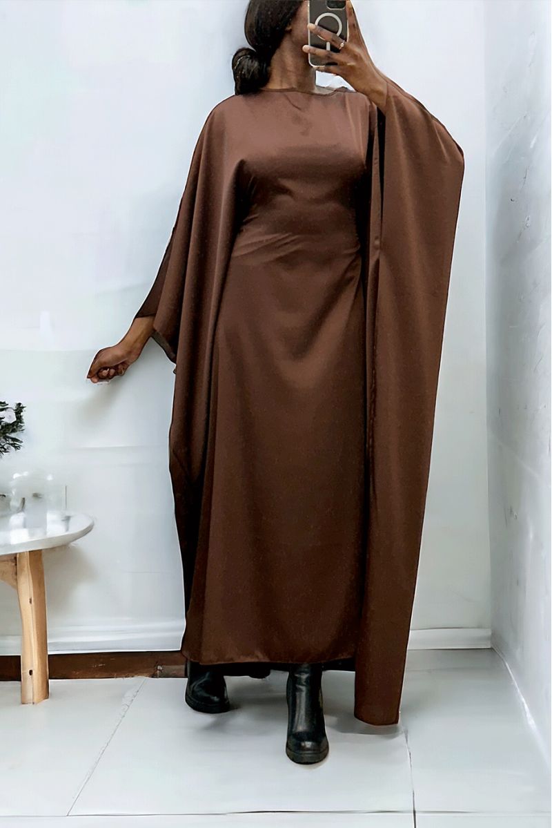 Abaya satiné choco over-size (36-52) avec élastique intérieur pour un effet ajusté   - 3