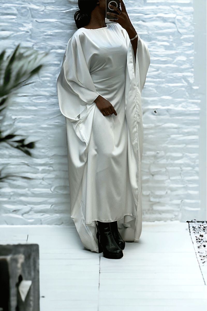 Over-size white satin abaya (36-52) with interior elastic for a fitted effect - 1