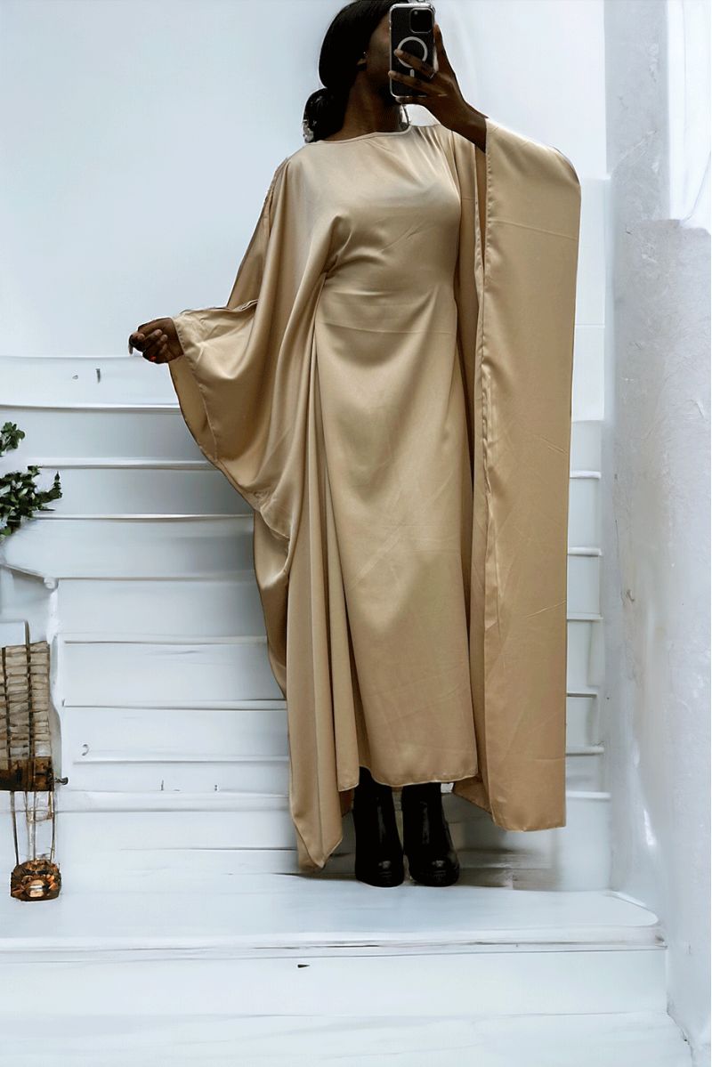 Over-size beige satin abaya (36-52) with interior elastic for a fitted effect - 1