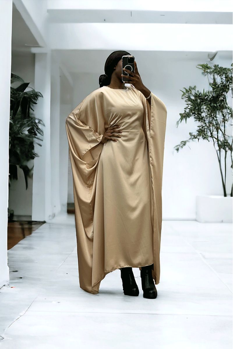 Over-size beige satin abaya (36-52) with interior elastic for a fitted effect - 3