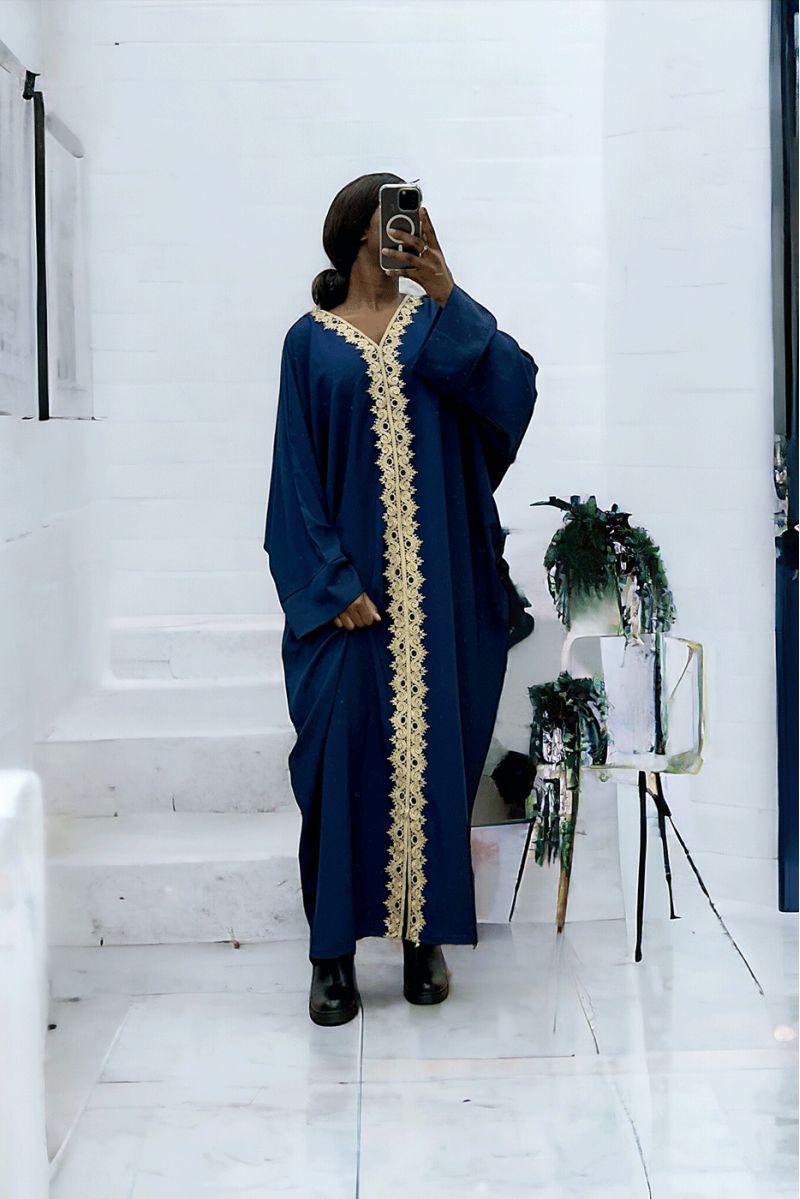Over size navy abaya (36-52) with sublime lace over the entire length - 1