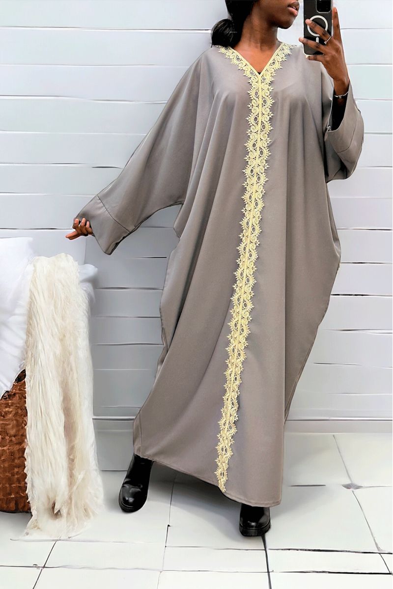 Abaya taupe over size (36-52) with sublime lace over the entire length - 2