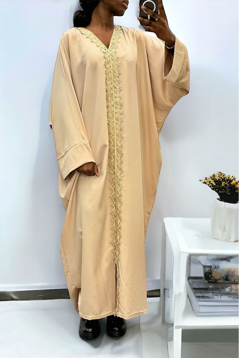 Beige abaya overmaat (36-52) met sublieme kant over de gehele lengte - 2
