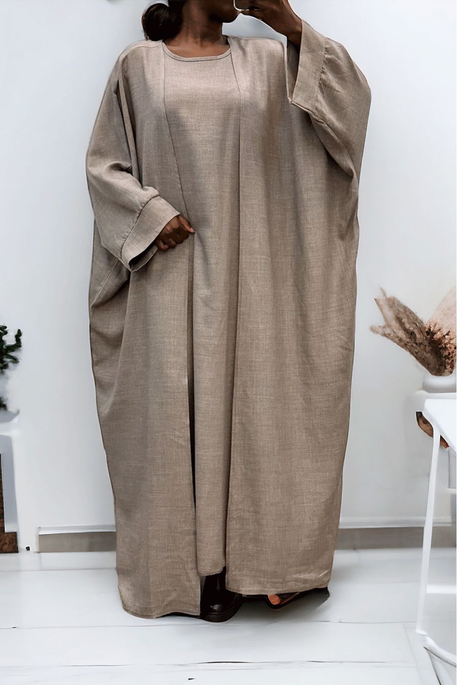 Abaya 2 pièces robe et kimono en gris