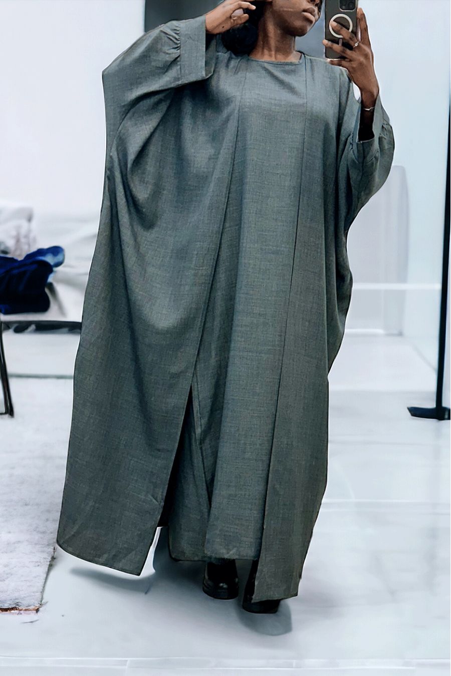Abaya 2 pièces robe et kimono en anthracite