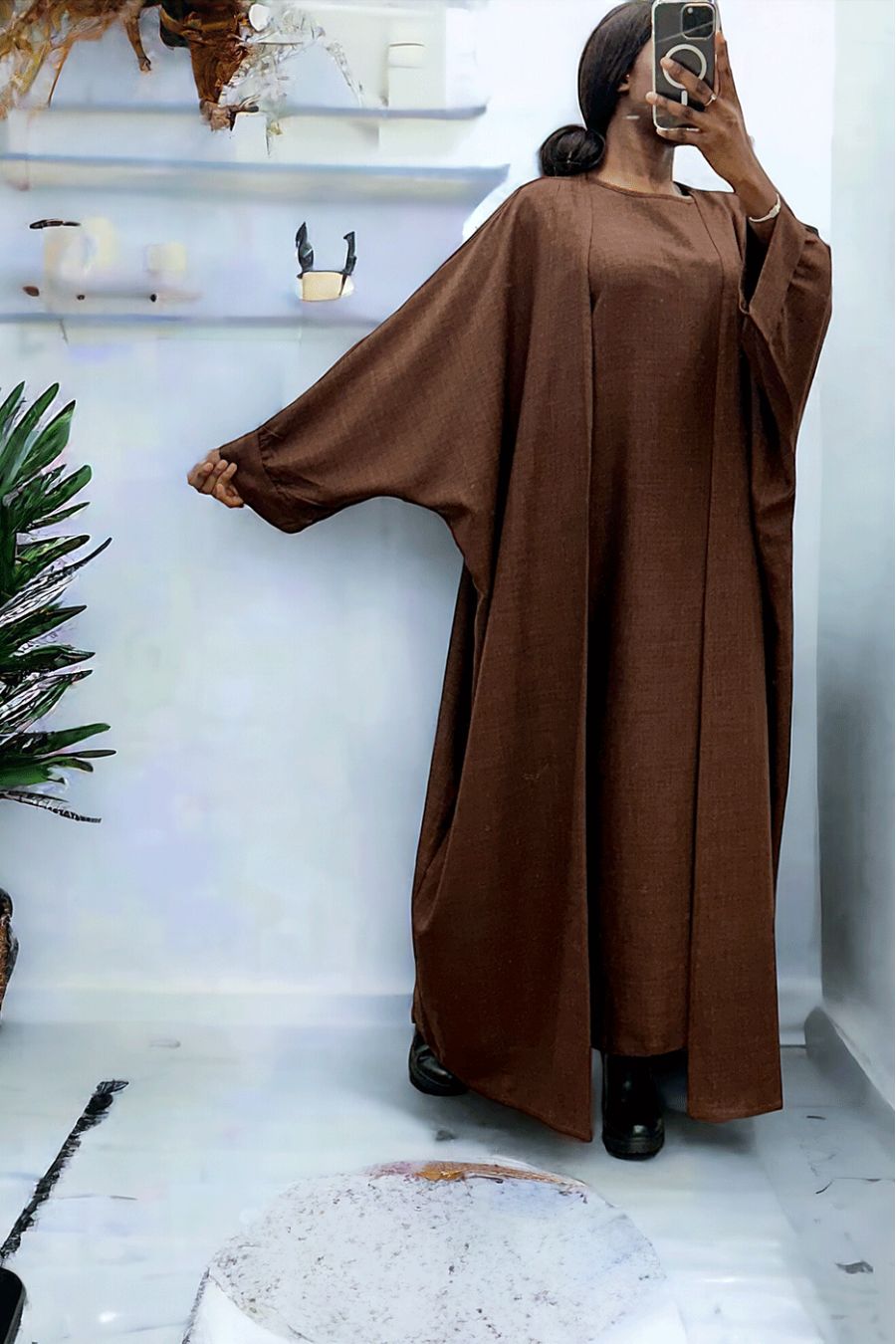 Abaya 2 pièces robe et kimono en choco