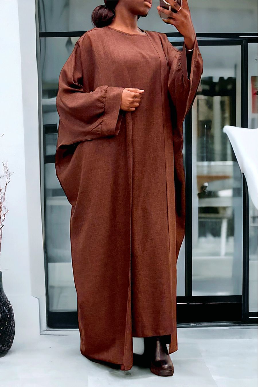 Abaya 2 pièces robe et kimono en choco - 3