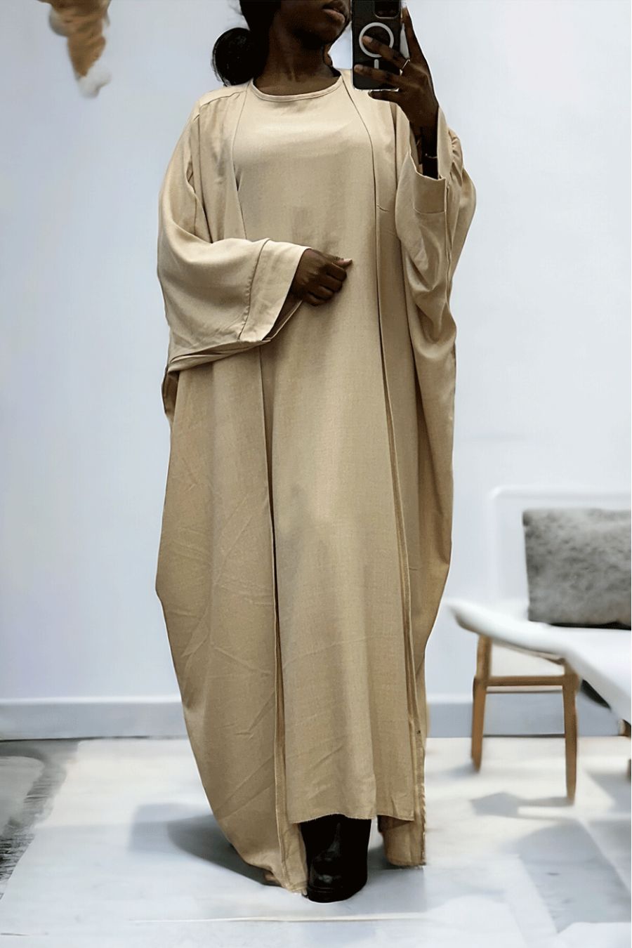 Abaya 2 pièces robe et kimono en beige