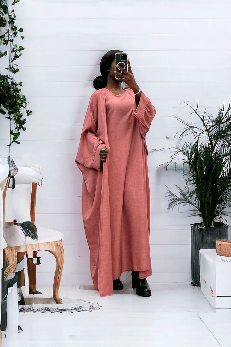 Abaya 2 pièces robe et kimono en rose