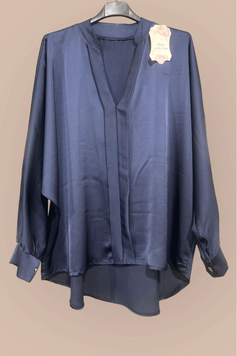 Gray satin blouse over size cut with pleats at the front - 1