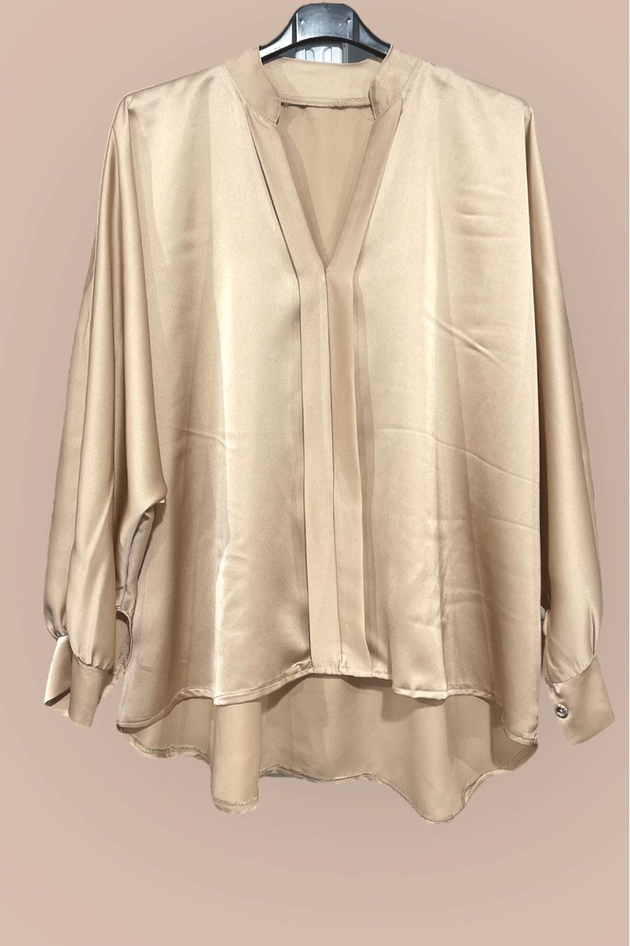 Gray satin blouse over size cut with pleats at the front