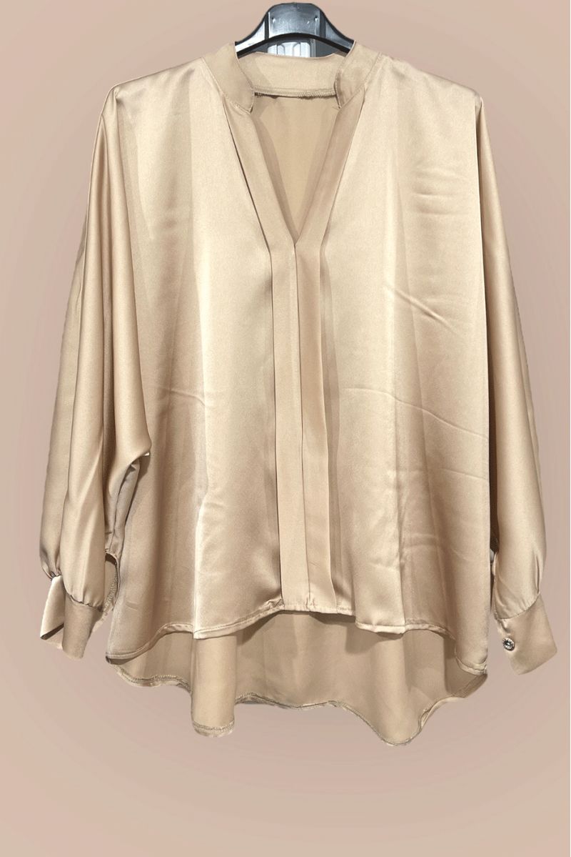 Gray satin blouse over size cut with pleats at the front - 1