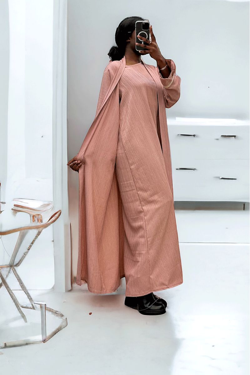 Abaya 2 pièces robe et kimono rose très class - 2