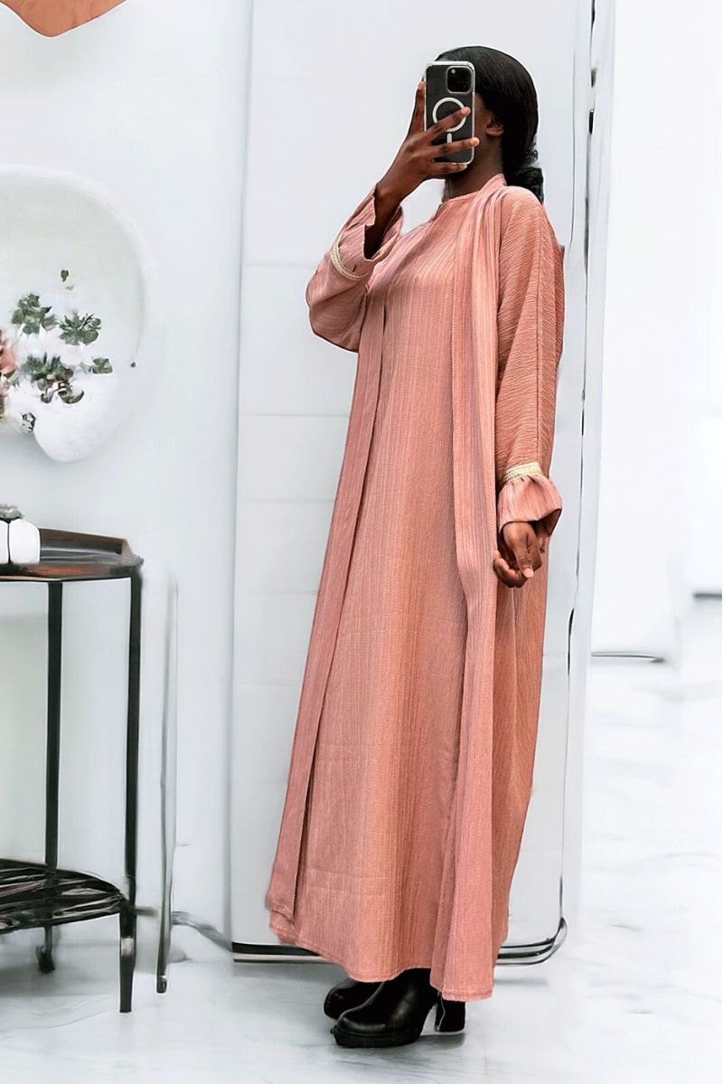 Abaya 2 pièces robe et kimono rose très class - 3