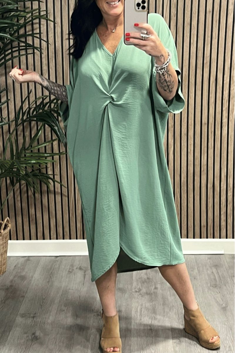 Longue robe tunique vert d'eau over-size croisé devant - 1