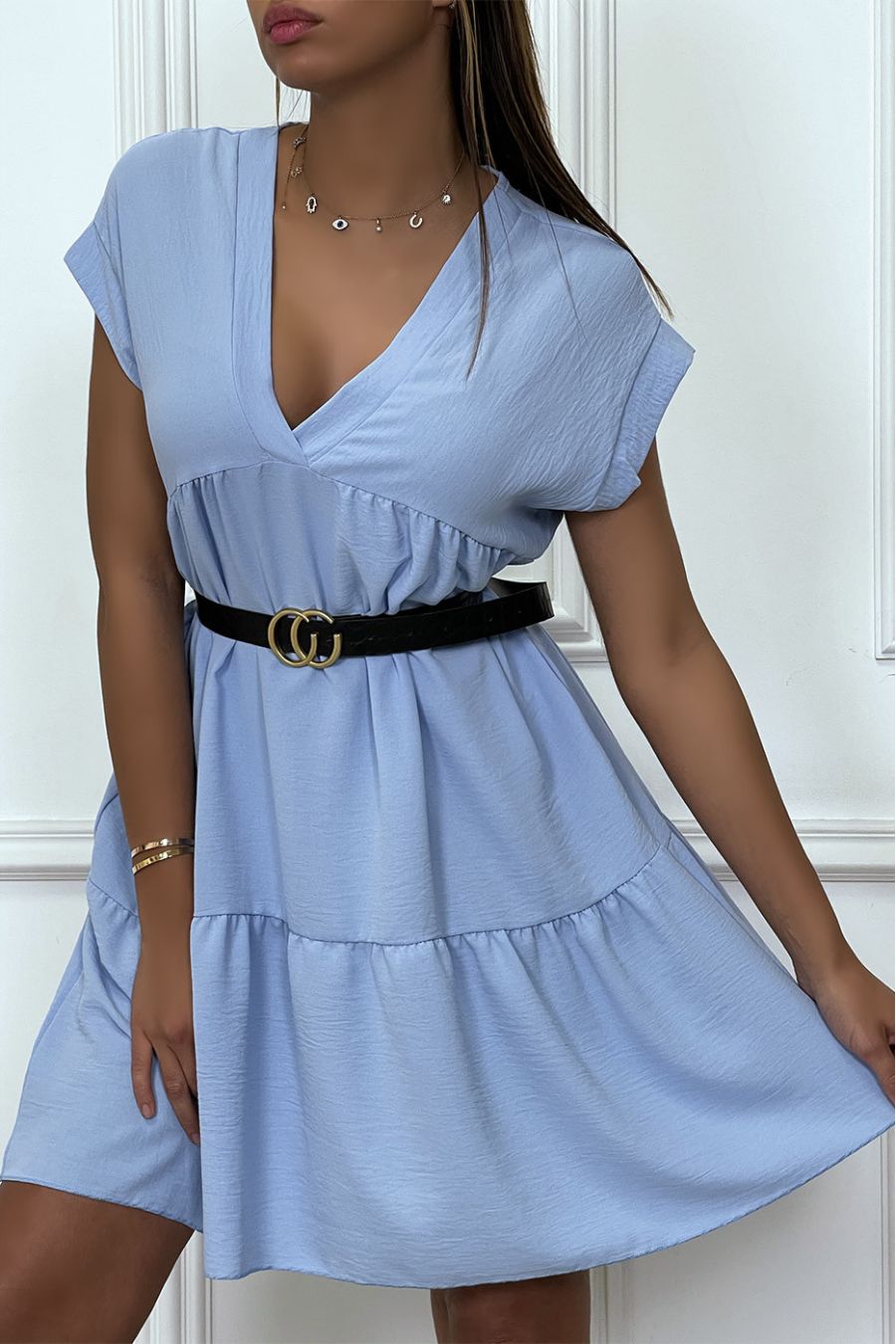 Robe tunique turquoise col V fluide à volant - 6