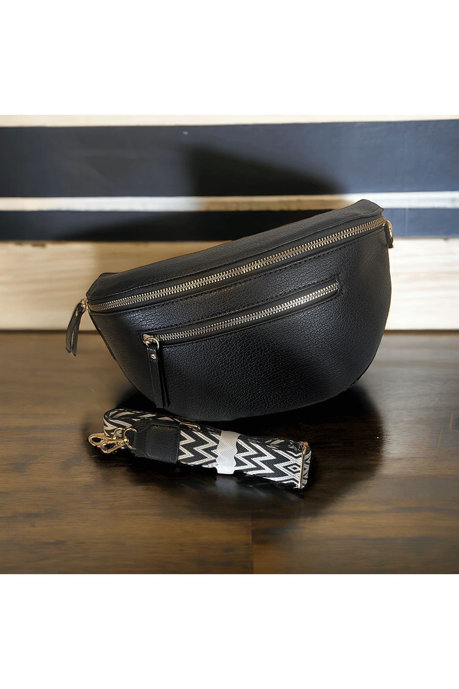 Black fanny pack with large shoulder strap - 1