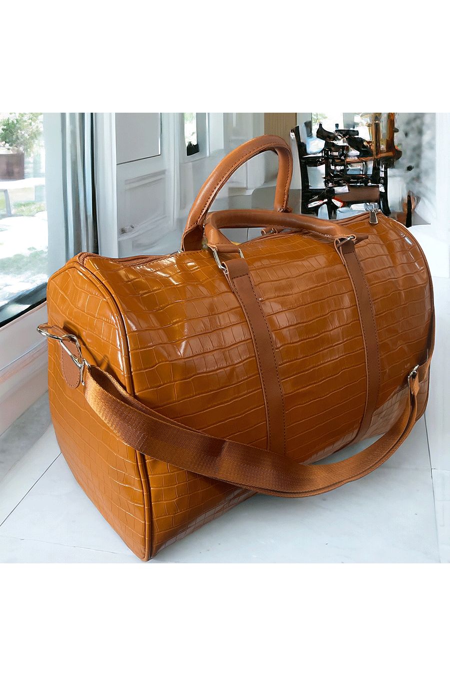 Large sports or travel bowling bag with crocodile pattern in camel - 1